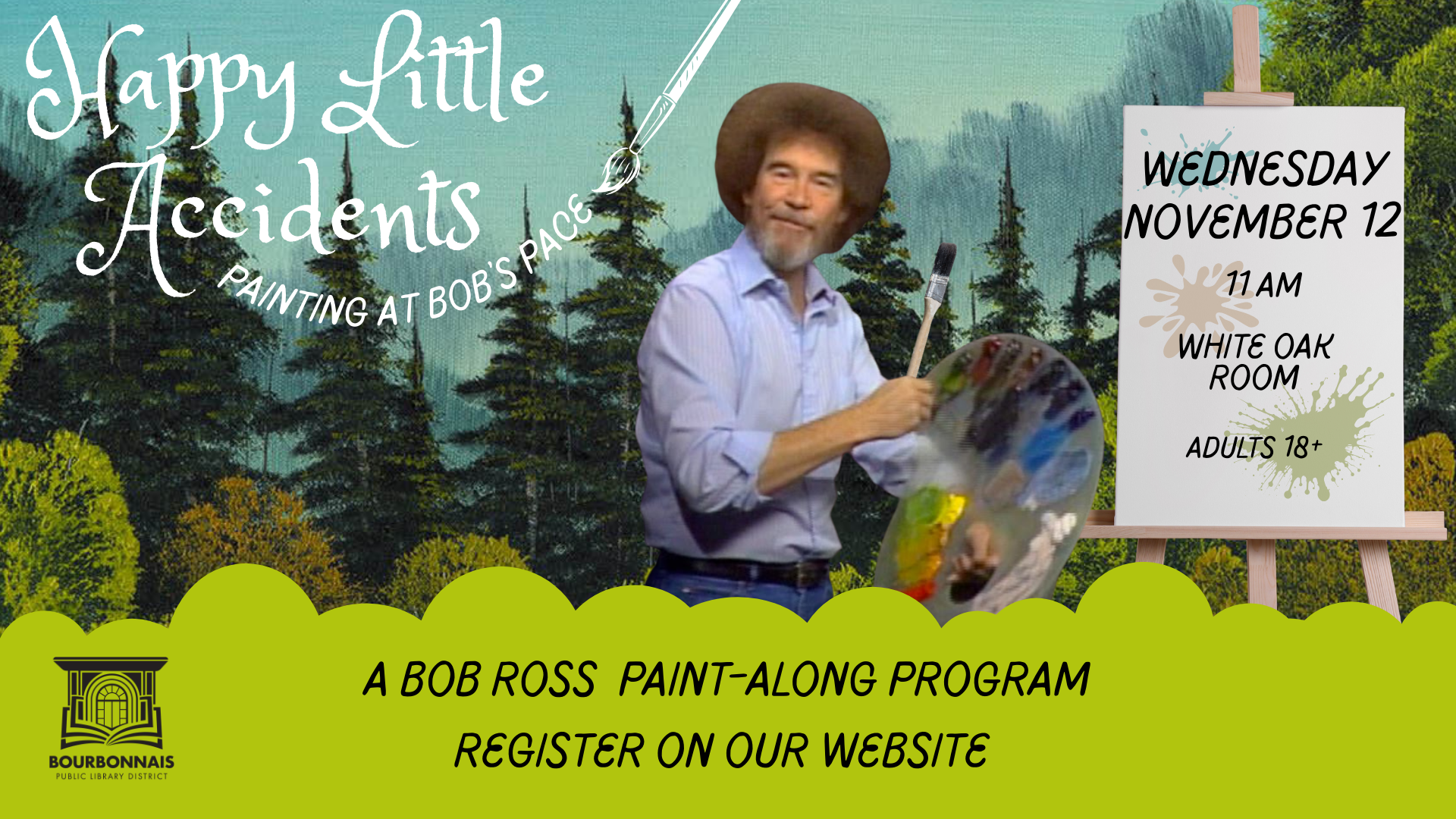 Bob Ross with paint and easel on a landscape background