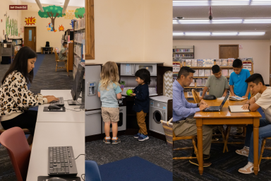 A student uses the computer, children play, and a family studies